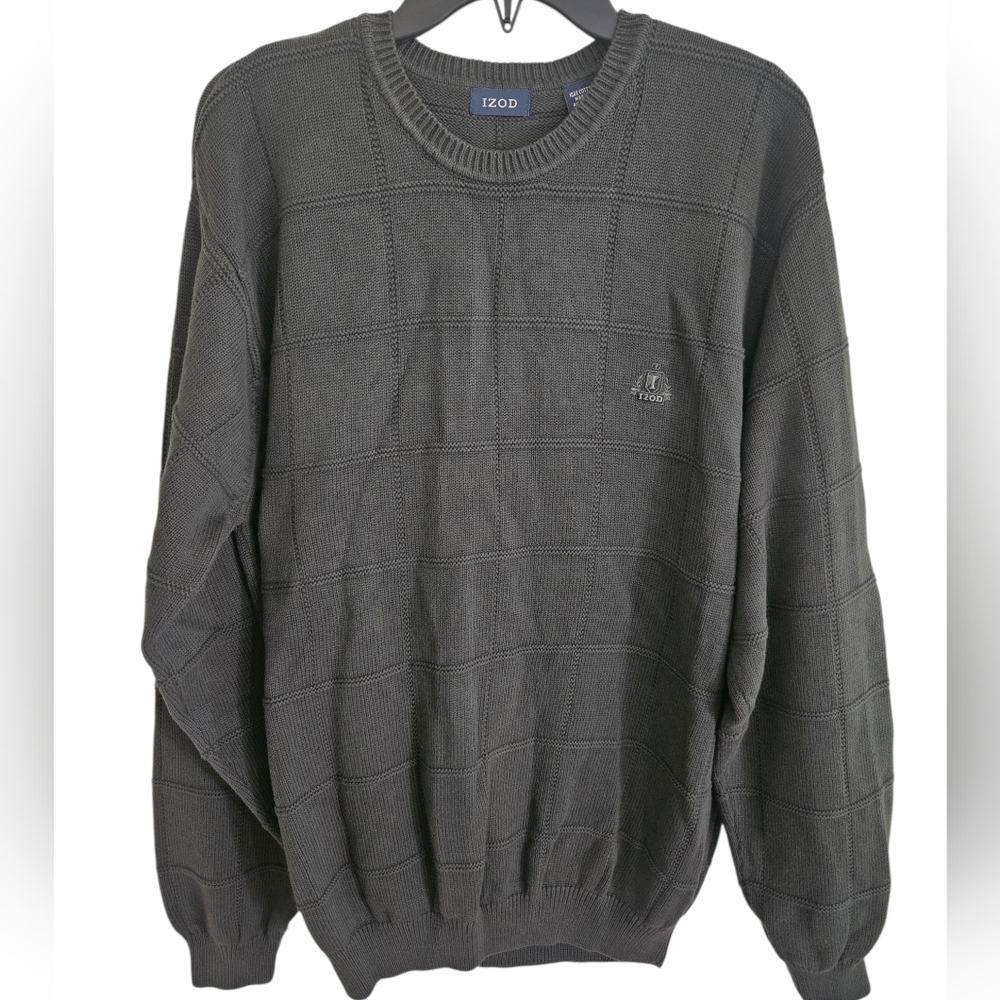 Izod Men's Green Long Sleeve Cotton Pullover Sweater, Windowpane Design XL